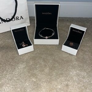 A kids Pandora silver bracelet with two gold charms.